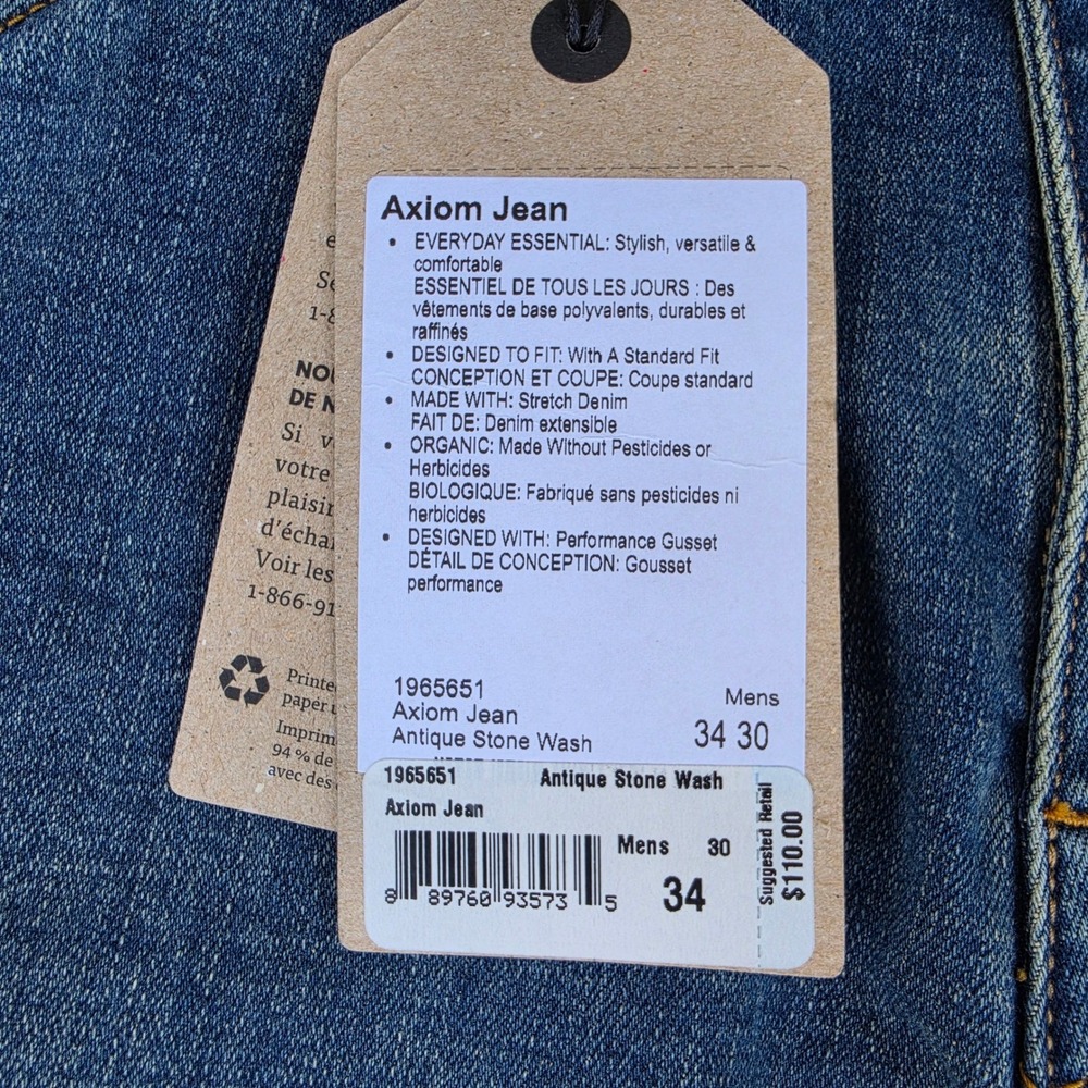 Prana Axiom Jeans Mens 34x30 Antique Stone Wash Organic Stretch Straight Leg NEW - Picture 9 of 11